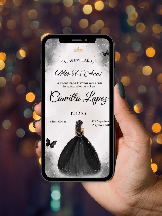 Black Quinceañera digital invitation