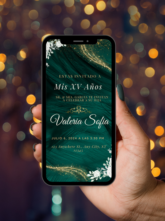 Emerald green Quinceañera digital invitation